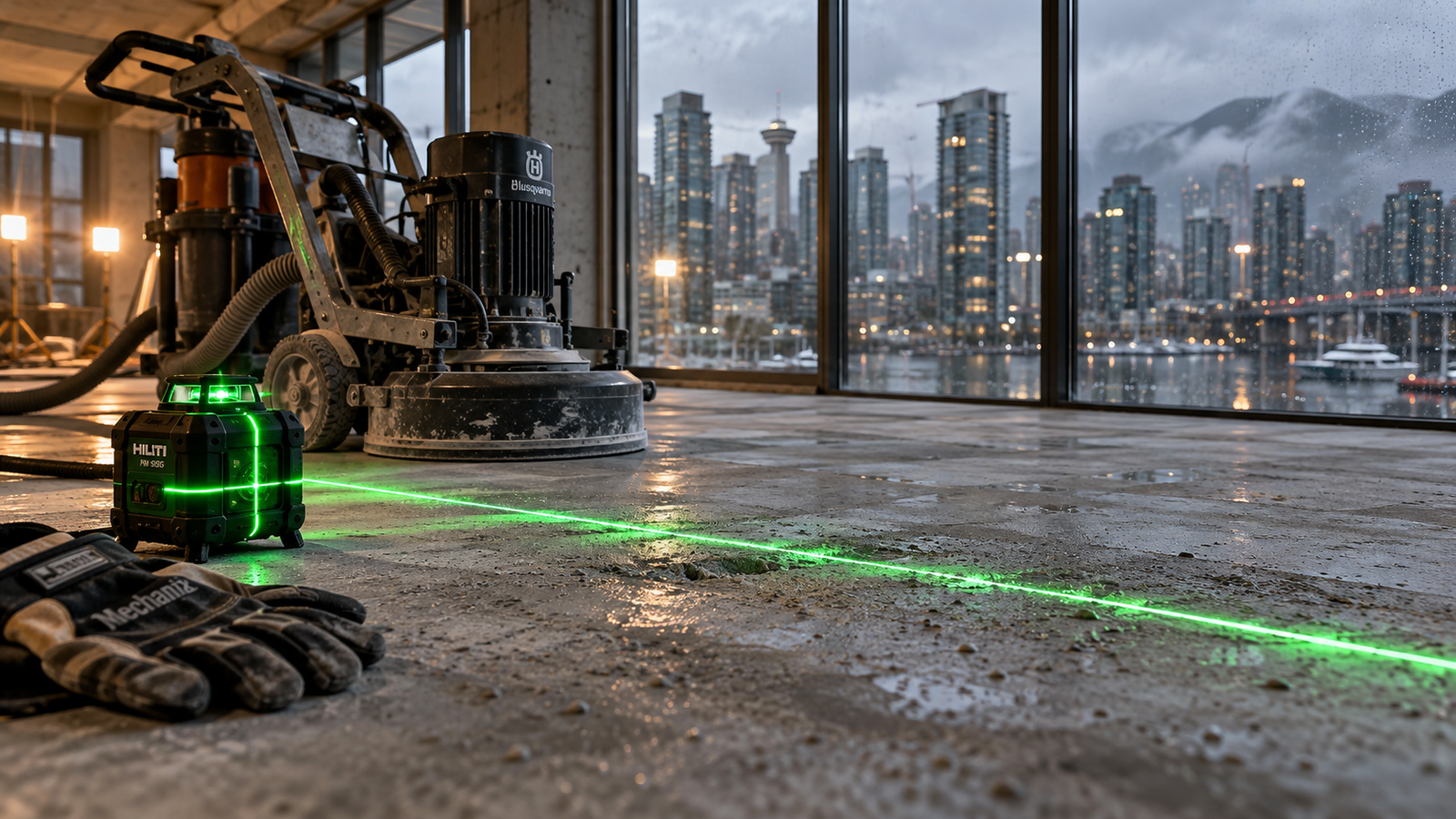 Rainy Skyline Renovation with Laser Level